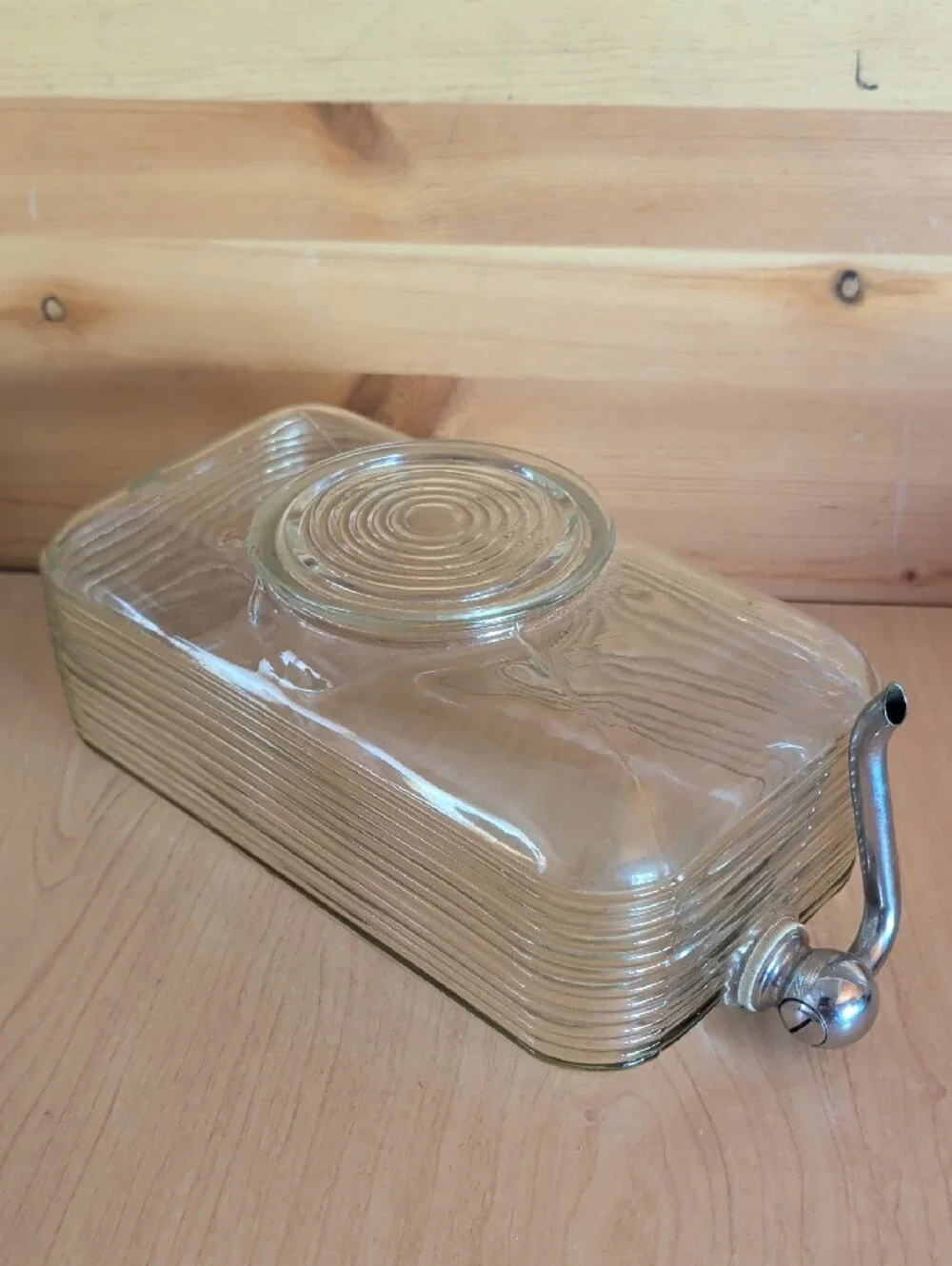 Antique Ribbed Clear Glass and Chrome Water Dispenser with Lid -